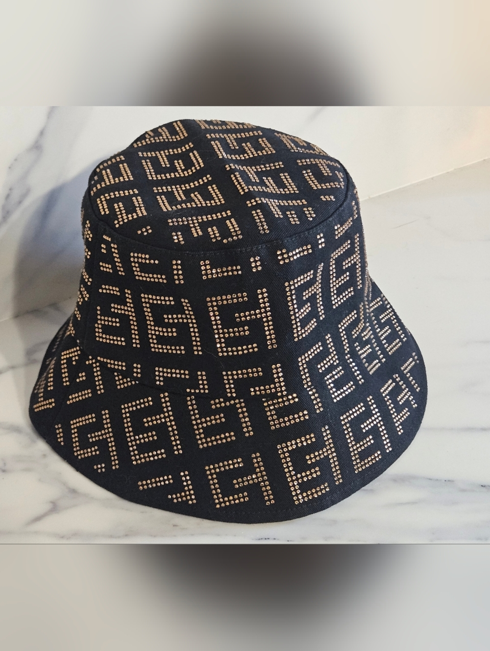 Black Bucket Hat with Gold Stud F  Pattern